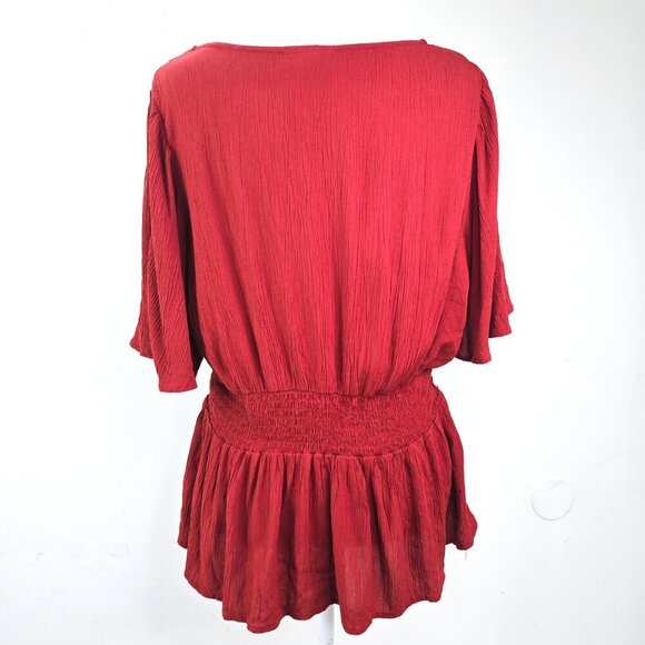 Vintage Knox Red Wine Red White Floral Embroidered V NEck Boho Peplum Top - Picture 6 of 8